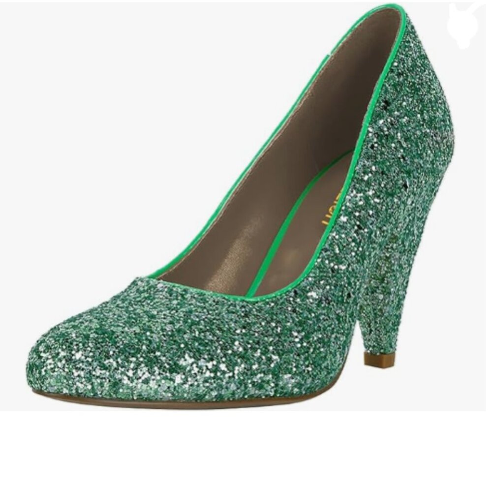 Pazzion Green Glitter Sequins Closed Round Toe Chunky High Heels Slip On Pumps